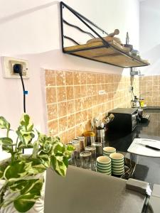 a kitchen with a counter with plates and plants at Sun-kissed Holidays, Goa Topaz in Candolim