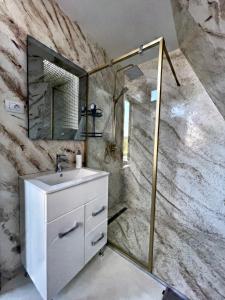a bathroom with a sink and a shower at Cabana Mario in Păltinoasa +18 photos