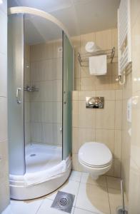 uma casa de banho com um chuveiro e um WC. em Hotel Srbija em Vršac