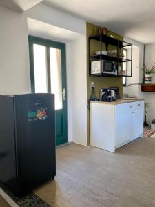 eine Küche mit einem schwarzen Kühlschrank und einer Mikrowelle in der Unterkunft Greenlake House Tremezzina in Tremezzo