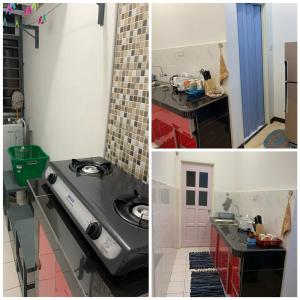 two pictures of a kitchen with a stove in it at Homestay Teratak Kasih in Sandakan