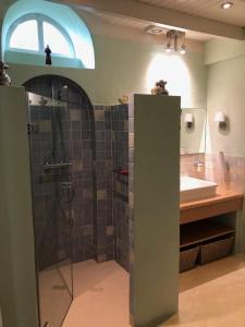 ein Bad mit einer Dusche und einem Waschbecken in der Unterkunft B&B De Vlasboerderij in Zonnemaire