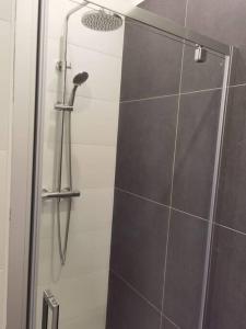 eine Dusche mit Glastür im Bad in der Unterkunft Lovely 2 Bedroom Serviced Apartment in Rotterdam in Rotterdam