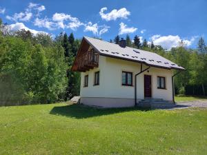 a small house on a grassy field with trees at DOMEK ANNY in Ropica Dolna