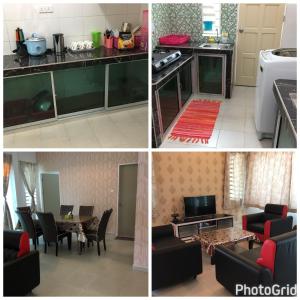 four pictures of a kitchen and a dining room at Teratak kasih homestay in Sandakan