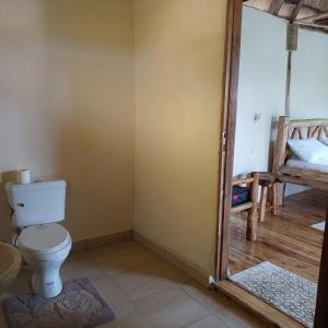 a bathroom with a toilet and a bunk bed at Songbird Safari Lodge & Campsite in Katunguru