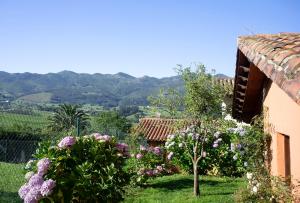 vistas a un jardín con flores y a una casa en Hotel Rural Valleoscuru en Tresgrandas