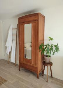 a wooden cabinet with a mirror and a potted plant at Maison Caiada in Urrugne