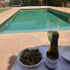 una botella de vino y un tazón de papas fritas en Villa 28 de julio Casa Rural con piscina en Granada, en Granada
