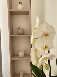 a book shelf with white flowers in a vase at Panoramic View Studio - 15 min from Paris in Joinville-le-Pont