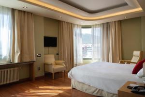 um quarto de hotel com uma cama grande e uma janela em Alda Mirador del Moncayo em Olvega