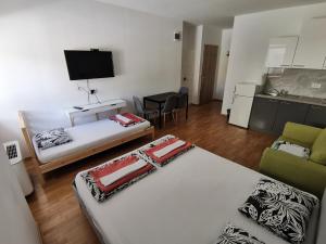a small room with two beds and a kitchen at PUBYLAND ROOMS & APARTMENTS in Rogatec
