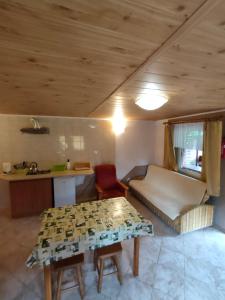 a living room with a table and a couch at Gospodarstwo Agroturystyczne na Górce in Myczkowce