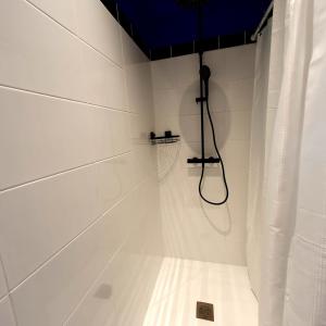 ein weißes Bad mit Dusche und Duschvorhang in der Unterkunft Maison bretonne au cœur d'un petit hameau 