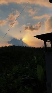 a sunset over a field with a mountain in the background at Tiara Homestay in Plambi