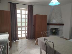 a dining room with a table and a fireplace at Dony's holiday homes CISE 15782 in Pontinia