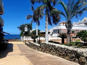 una calle con palmeras y una pared de piedra en Casa Aries, en Adeje