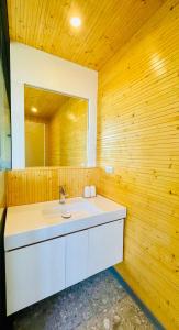 a bathroom with a sink and a wooden wall at Yi Piao B&B in Zhushan
