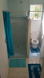 a bathroom with a shower with a toilet and a blue shower curtain at Rain in Bridgetown