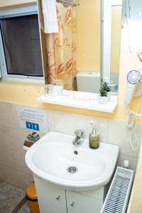 y baño con lavabo blanco y espejo. en Pensiunea Casa Ioana, en Şugag