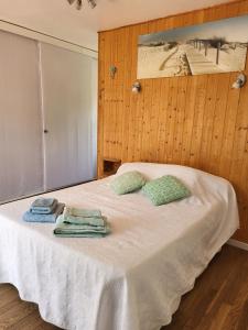a bedroom with a bed with towels on it at Chambre d'hôtes le chat botté in Espédaillac