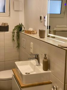 ein Badezimmer mit einem Waschbecken, einem WC und einem Spiegel in der Unterkunft Fewo Catlen in Traben-Trarbach