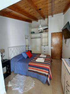 a bedroom with a blue bed and a kitchen at Vistalbahouse in Ciudad Lujan de Cuyo
