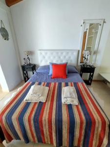 una camera da letto con un letto con un cuscino rosso e due asciugamani di Vistalbahouse a Ciudad Lujan de Cuyo