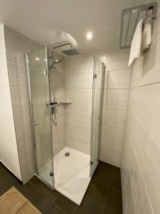 eine Dusche mit Glastür im Bad in der Unterkunft Fewo Catlen in Traben-Trarbach