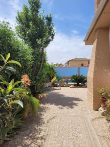 a courtyard with plants and a building at Casa cerca de Sevilla con piscina in Valencina de la Concepción