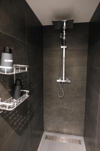 a bathroom with a shower with black tiles at La petite Citadelle - l'appartement in Namur
