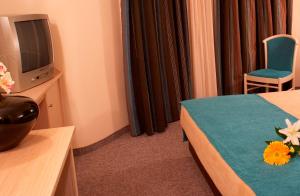 una camera d'albergo con letto e TV di Iris Hotel a Thermi