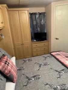 a bedroom with a bed and a dresser at 47 Lochview in Stranraer