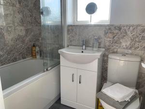 a bathroom with a sink and a toilet and a shower at Modern & Light with Sea Views & Parking, Swansea in Dunvant