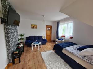 een slaapkamer met een blauw bed en een blauwe bank bij Apartament Katarina 2 in Ustrzyki Dolne