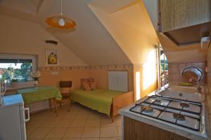 a kitchen with a sink and a stove in a room at Margaret Apartman in Egerszalók