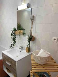 łazienka z umywalką i lustrem w obiekcie Le Duplex du Beffroi w mieście Douai +19 zdjęć