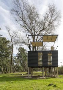una casa sobre pilotes en un campo con un árbol en Cabañas Isla San Jose en Tigre
