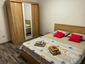 1 dormitorio con 2 camas con almohadas rojas y espejo en Apartament cu 2 camere, spatios si confortabil. en Timisoara
