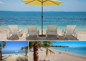 two pictures of a beach with two chairs and an umbrella at Villa La Residenza - Heated pool in Podstrana