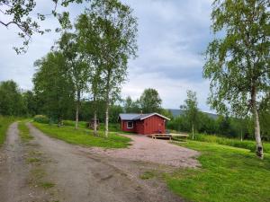 eine rote Scheune mit einem Picknicktisch neben einer unbefestigten Straße in der Unterkunft Off-the-grid cabin on the island of Senja in northern Norway in Brygghaugen