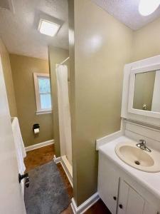 a bathroom with a sink and a mirror at Cozy Creekside cabin- 35m to Boone in Butler