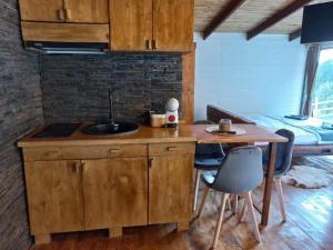 uma cozinha com um lavatório, uma mesa e uma cama em Cabana Everest View Buces -Vulcan Apuseni 