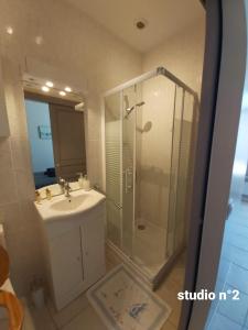 y baño con ducha, lavamanos y ducha. en Appartements Danciu, en Jonzac 16 fotos más