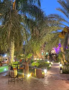 eine Terrasse mit Tischen und Palmen in der Nacht in der Unterkunft Dar Riad Niama in Taroudant