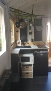 uma cozinha com um fogão e um lavatório num quarto em Amarok em Muhlbach-sur-Munster