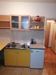 uma pequena cozinha com um lavatório e um fogão em Apartment NAUM M em Ohrid