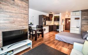 Il comprend un salon avec un lit et une cuisine. dans l'établissement Bansko Royal Towers Apartments - Gondola View, à Bansko