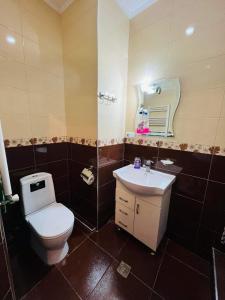 a bathroom with a toilet and a sink and a mirror at Guga House in Tbilisi City