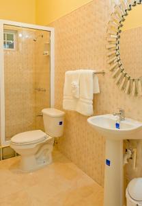 een badkamer met een toilet, een wastafel en een spiegel bij Champagne Villa in Whitehouse